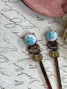 Porcelain Crystal Vintage Victorian Pair Hair Pins 3" Long Willow Rose White Blu - Picture 1 of 6