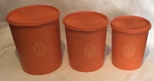 Vintage Tupperware Set of 3 Orange Servalier Canisters w/ Lids 805-5 807-7 811-8 - Picture 1 of 3