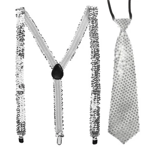Bretelle e cravatta paillettes in set ARGENTO slip uomo costume carnevale - Foto 1 di 3
