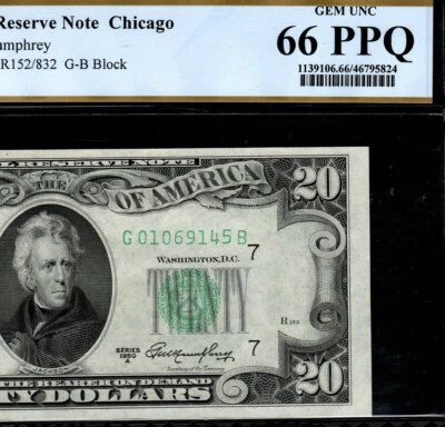 1950a $20 SMALL HEAD CHICAGO DISTRICT PCGS 66 PPQ GEM UNC (FE) - Image 1 of 4