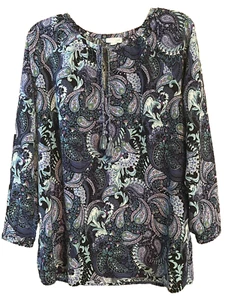 J JILL Blouse LARGE Boho Tunic Top Pullover Paisley Raglan Long Sleeve Blue - Picture 1 of 9