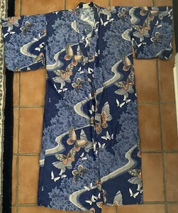 Vintage kimono robe Blue floral, Butterfly, Cotton, Japan, One Size - Picture 1 of 8