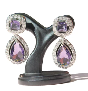 1.80ct Natural Round Diamond 14k White Gold Amethyst Anniversary Dangler Earring - Zdjęcie 1 z 17