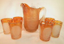 Mid Century IMPERIAL MARIGOLD CARNIVAL GLASS WINDMILL PITCHER (6)GLASSES Frosted