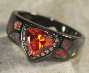 NEGRO PLATEADO Elegante Ópalo Fuego Naranja y Granate Rojo Naranja Talla 6, WR40805 - Imagen 1 de 3