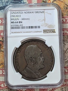 Norvegia: Medaglia Oscar II Bronzo "Sole di Mezzanotte" ND (1872-1905) NGC MS64 BN - Foto 1 di 4