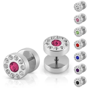 1 Pair Fake Plugs Earrings Rhinestone Fake Plug Zirconia Red Green Blue Pink - Picture 1 of 8