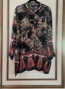 CITRON SANTA MONICA Black Mauve Peacock Feather Print Silk Blouse Shirt Sz 2X - Picture 1 of 11
