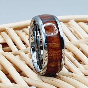 Men Rosewood Inlay Tungsten Promise Band Wood Ring Silver Tungsten Wedding Ring - Picture 1 of 7