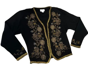 Vintage Destinee Beaded Sequin Gold Black Wool Blend Glam Knit Cardigan, Large - Picture 1 of 16