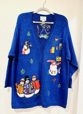 Quacker Factory Vintage Blue Christmas Cardigan Snowman Design Sweater 2X - Image 1 of 4