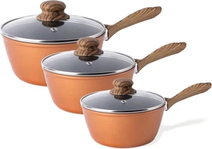 Non-Stick Copper Induction Saucepan Set with Lids - 3 Piece Set - Picture 1 of 12