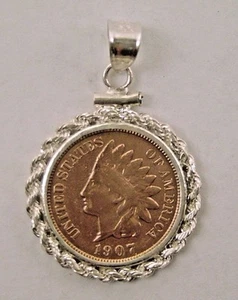 Coin Jewelry Vintage Indian Cent Pendant Rope Sterling Silver Bezel Solder Bail - Picture 1 of 2
