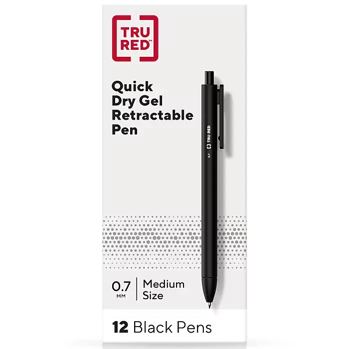Tru Red Retractable Quick Dry GEL Pens Med Point 0.7mm BLK Dozen TR54498