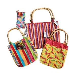 Lot of 3 Fabric Handbag Tote Purse Bags Bamboo Handle Bonus Pouch Boho NWT - Picture 1 of 12