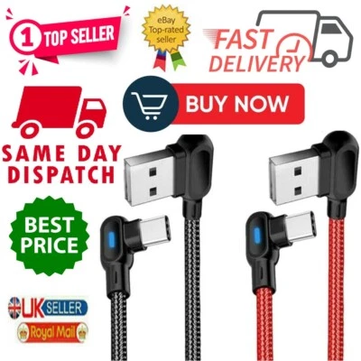 Fast Charge 90 Degree Type C USB Data Cable LED Lead FOR Android Smart Phones UK - Image 1 of 4