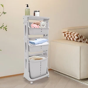 Plastic Laundry Hamper Basket Clothes Storage Organizer Shelf Rolling Cart - Picture 1 of 20
