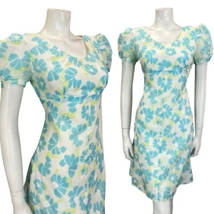 VTG 60S 70S WHITE BLUE GREEN FLORAL PUFF SLEEVE EMPIRE MESH DRESS 8 - Picture 1 of 10
