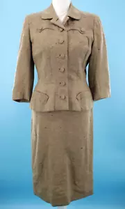 VTG Women's 50s 2 Pc Tan Wool Tweed Jacket & Skirt Set XS/S 1950s Dress Suit - Picture 1 of 24