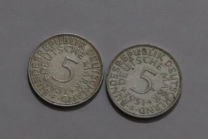 🧭 🇩🇪 GERMANY FEDERAL 5 MARK 1951 F + 1951 G BOTH SILVER B79 #2 III22 - Picture 1 of 2