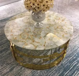 30" White Quartz Stone Coffee Table with Golden Healing Handmade Farmhouse Table - Picture 1 of 8