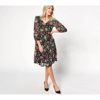 Susan Graver Regular Printed Mesh V-Neck 3/4 Sleeve Tiered Dress Black Coral 1X - Image 1 of 4