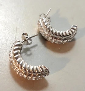 Vintage Marked 925 Earrings Braided Silver Strand with Simulated Diamond Stones - Picture 1 of 5