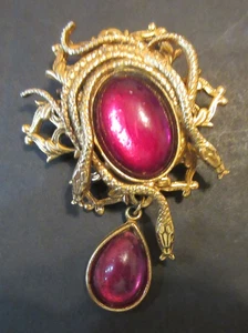 LARGE GOLD PLATED SNAKE BROOCH w 2 PINK GEM STONES - BEAUTIFUL PIECE 36.58 GRAMS - Picture 1 of 6