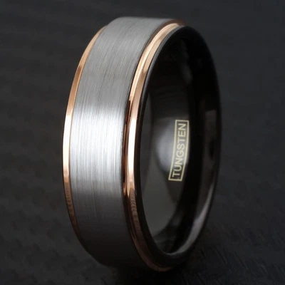 Tungsten Brushed Silver Stripe Gold Plated Gold Black Inside Wedding Band Ring - Image 1 of 4