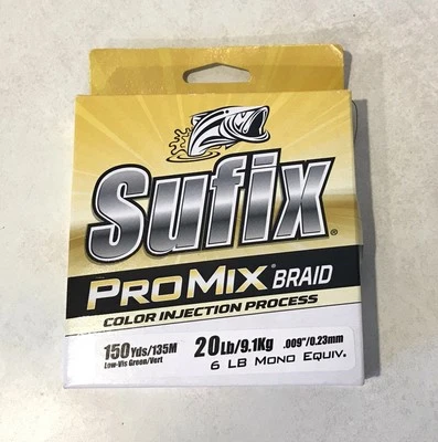 Línea de pesca trenzada SUFIX Pro Mix 150 yardas 20 lb baja visibilidad verde 6 lb mono equivalente Foto 1 de 3