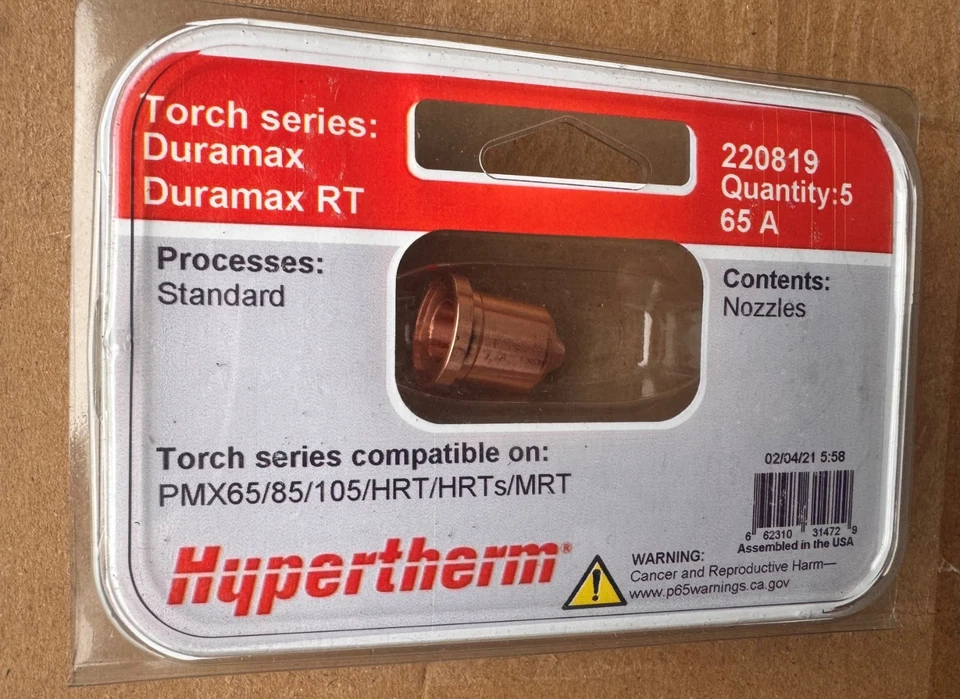 Genuine Hypertherm 220819 Duramax Plasma Cutting Nozzle 65 amp Pack of 5
