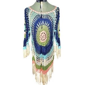 Womans Venus boho-chic beachy open knit long sleeve fringe crochet pullover 1/2x - Picture 1 of 8