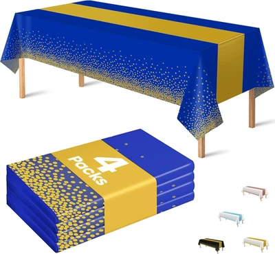 4 Pack Disposable Plastic Table Cloths for Parties,Royal Blue and Gold Rectangle - Image 1 of 4