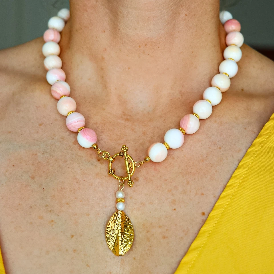 Queen Conch Statement Necklace Pink Beaded Gold Toggle Freshwater Pearl Handmade - Image 1 of 4