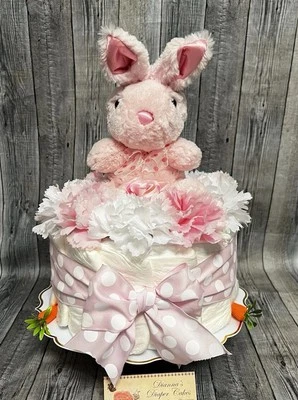 Conejito Bebé Pañal Pastel Rosa Ducha Regalo Centro Recién Nacido Regalo Niñas Foto 1 de 3