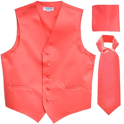 New Men's coral formal vest Tuxedo Waistcoat ascot hankie set wedding prom party - Image 1 of 4