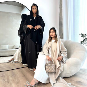 Moon Embroidery Abaya Dubai Kaftan Women Muslim Maxi Dress Ramadan Robe Jalabiya