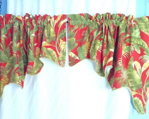Thomasville 1 Pair Swag Scalloped Valances Panels Lined Red Tropical 51" x 31" - Picture 1 of 7