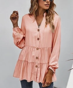 Chateau Amour Womens Pink Long Sleeve Tiered Button Up Blouse Size XL NWT - Picture 1 of 10