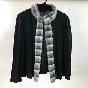MING WANG Womens Sweater SP Petite Black Faux Fur Trim Open Cardigan Jacket - Picture 1 of 6
