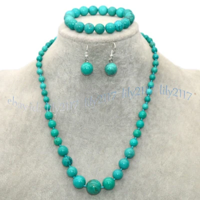 Natural Green Turquoise 6-14mm Round Gems Beaded Necklace Bracelet Earrings Set - Image 1 of 4