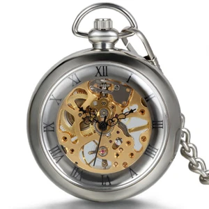 Transparent Cover Hand-winding Mechanical Skeleton Roman Numberals Pocket Watch - Picture 1 of 5