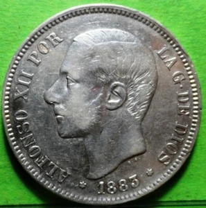 Alfonso XII, 5 Pesetas, 1883, Estrellas 18-83, Plata. - Imagen 1 de 2