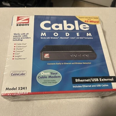 New Zoom Cable Modem Ethernet/USB External Model 5241 Windows Mac Linus Unix - Image 1 of 4