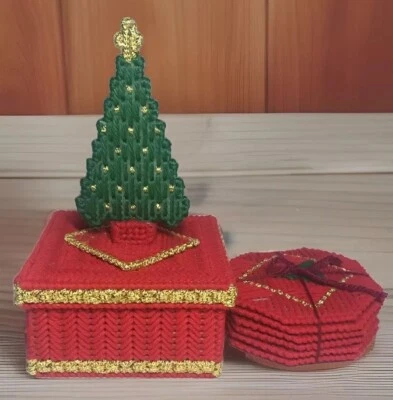 Juego de posavasos navideños vintage de punto con caja superior de árbol de navidad Foto 1 de 4