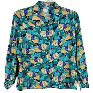 Vtg Cricket Lane Simply Petites Button Blouse 12 P All Over Print Purses Handbag - Picture 1 of 9