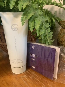Menge 2) NEU Avon HAIKU Bodylotion & 5 Haiku SACRED INTENSE Probe Parfüm Fläschchen - Bild 1 von 3