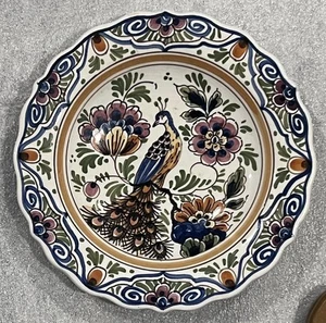 Delft Pintado a Mano Pavo Real Flores 6.25" Borde Festoneado Placa Holanda - Imagen 1 de 4