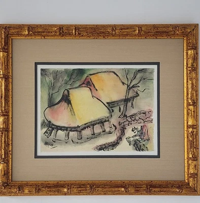 Vintage Mid-Century Modern Asian Folk Art Watercolor Painting Huts Signed Framed - Image 1 of 4