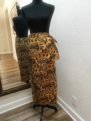 Batik Style Yakoba Gold Black Cotton Wrap Sarong Cotton Skirt Side Tie Size S/M - Image 1 of 4
